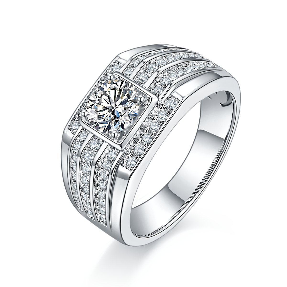 M78A S925 Silver Plated White Gold Moissan Diamond Men's Ring 1 Carat Grade D