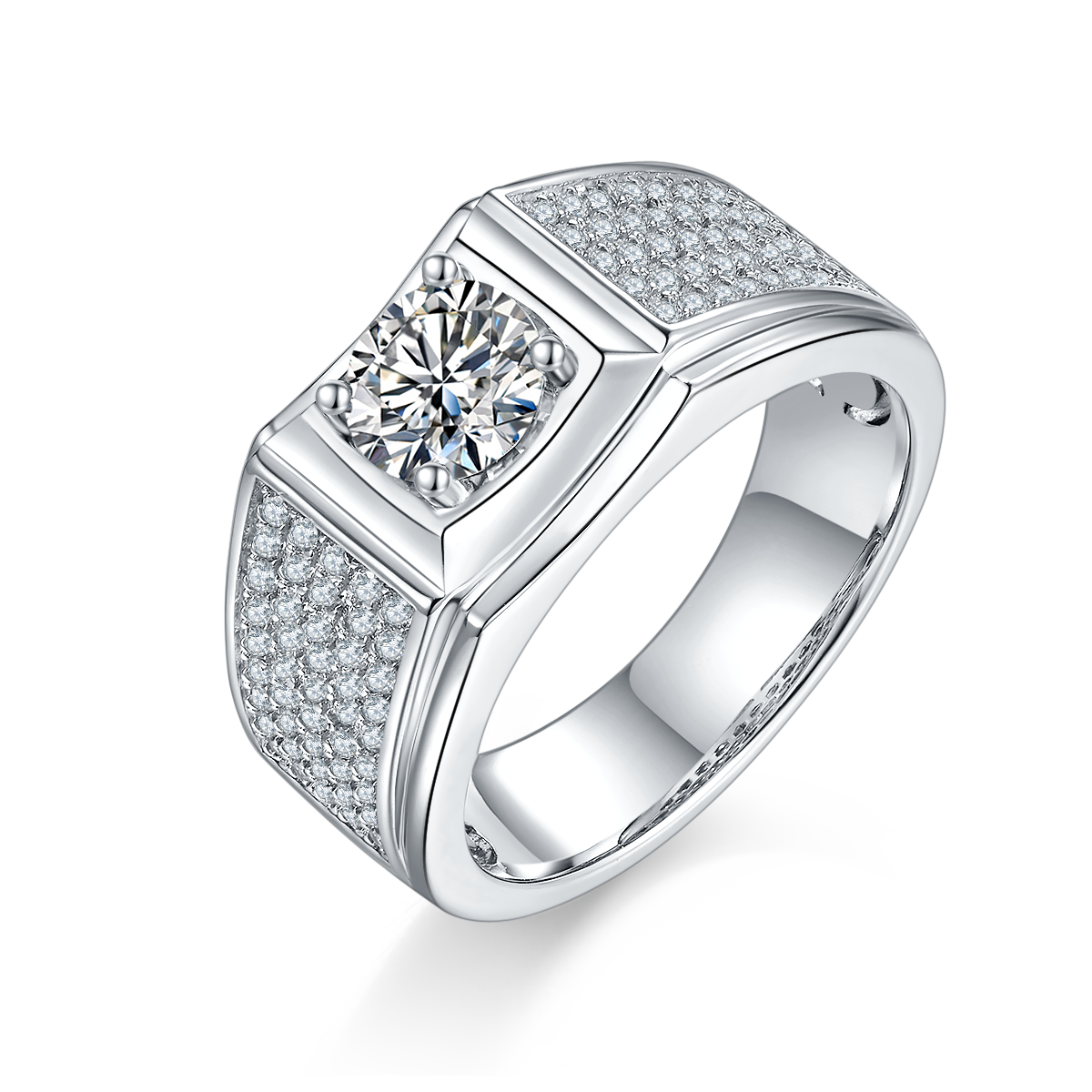 M71A S925 Silver Plated White Gold Moissan Diamond Men's Ring 1 Carat Grade D