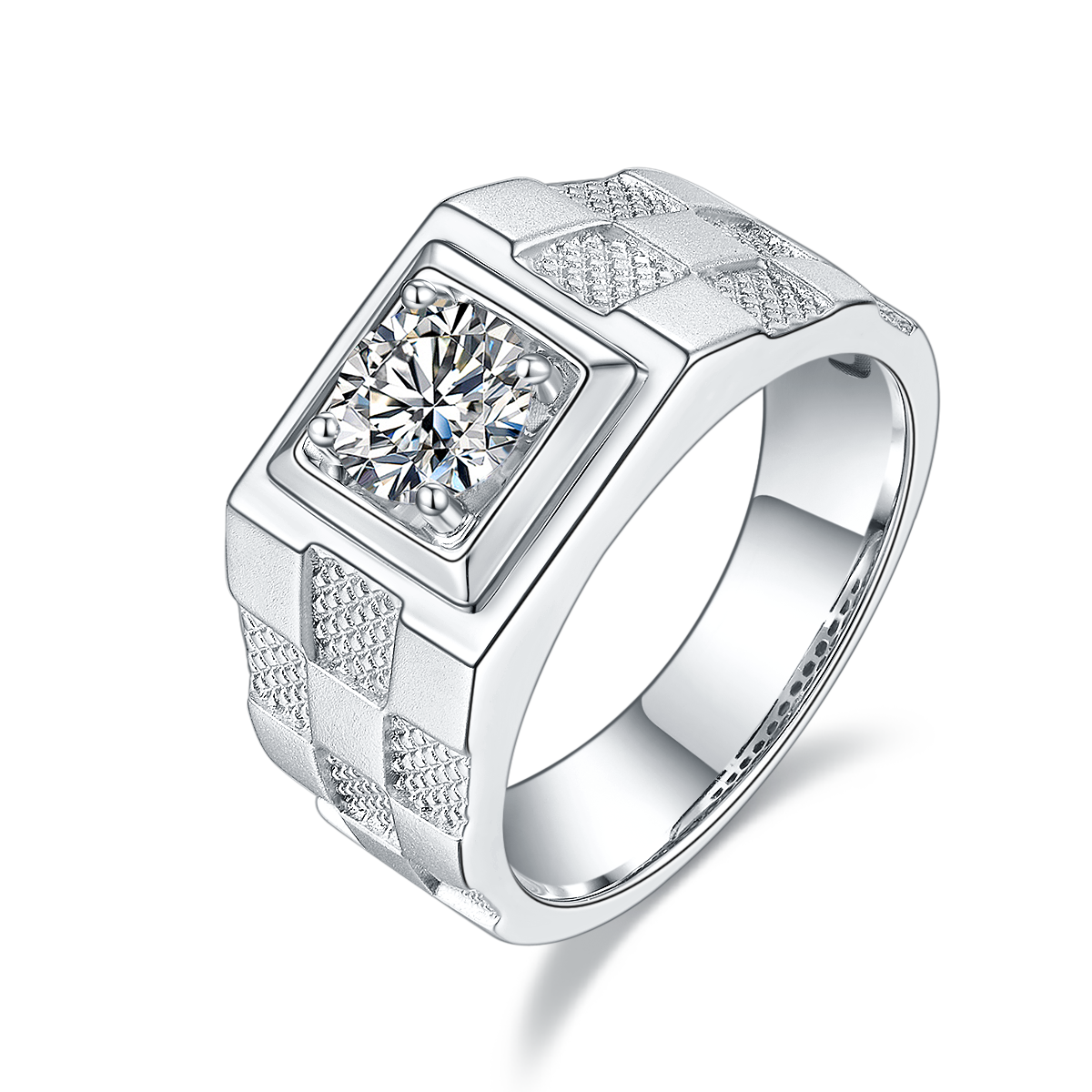 M84A S925 Silver Plated White Gold Moissan Diamond Men's Ring 1 Carat Grade D