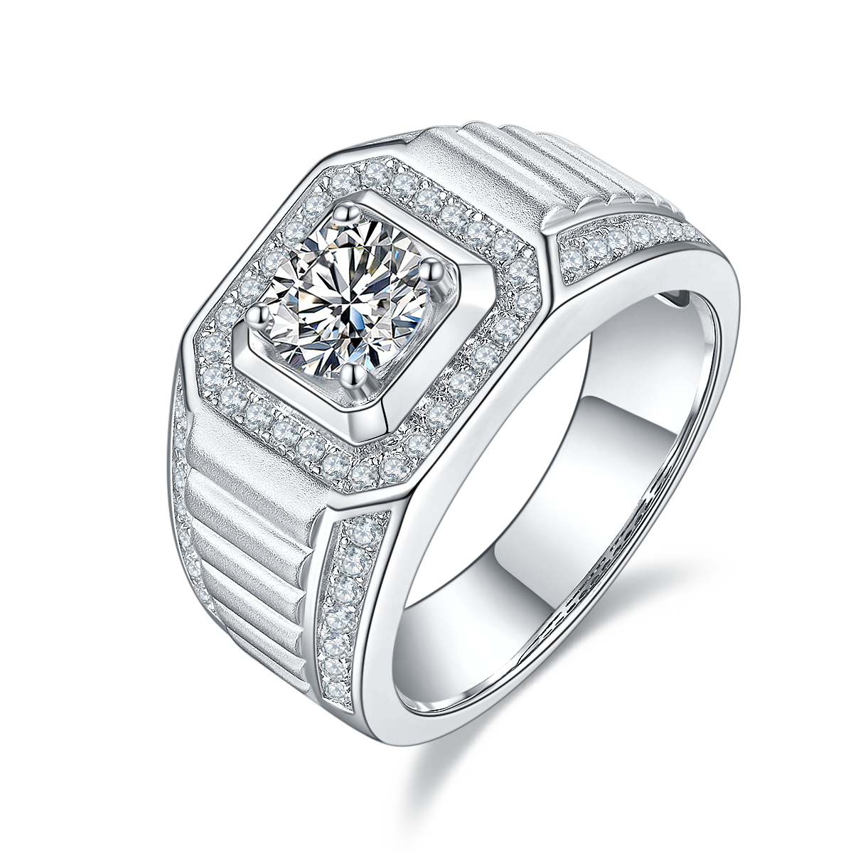 M83A S925 Silver Plated White Gold Moissan Diamond Men's Ring 1 Carat Grade D
