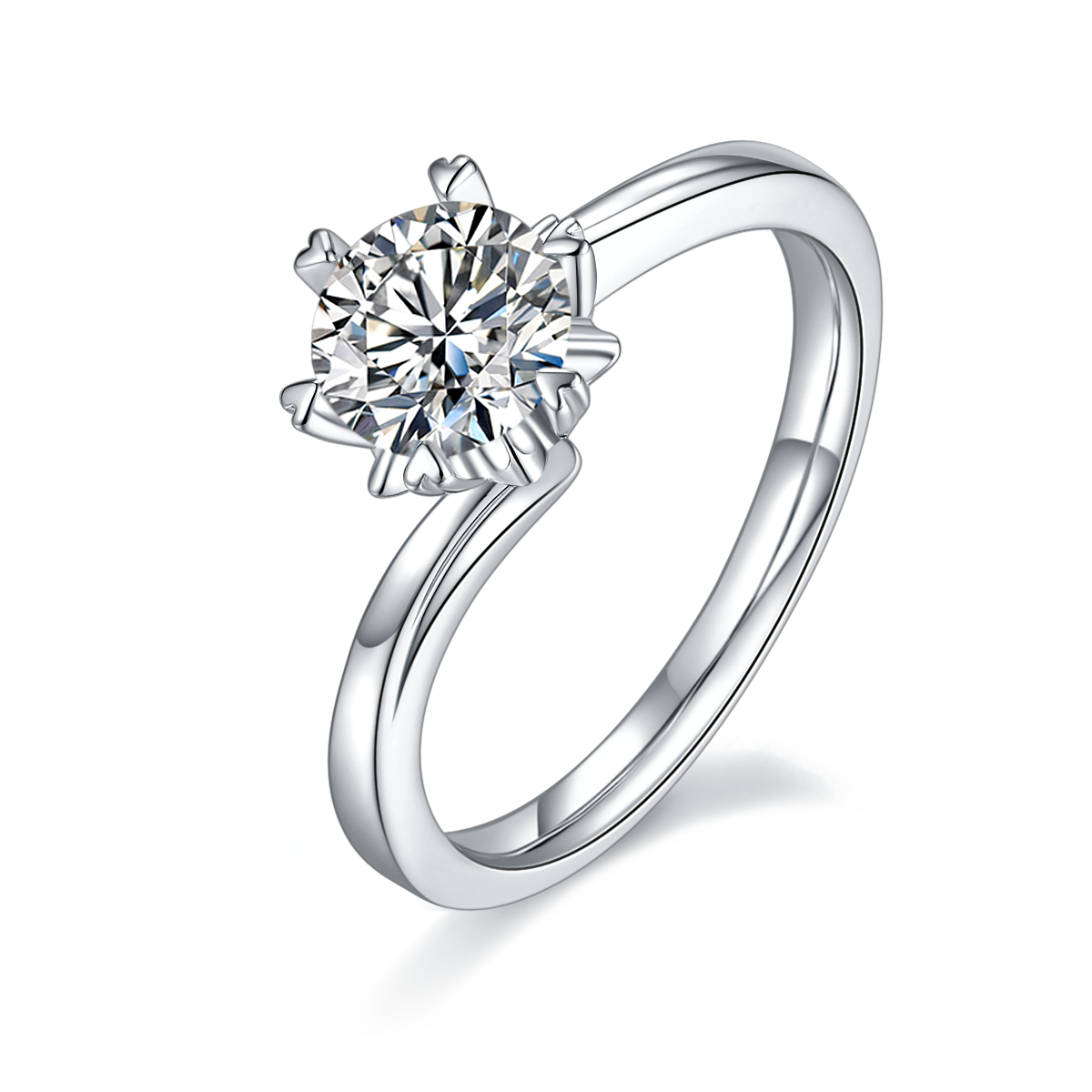 Twisted Arm Classic Snowflake S925 Silver Plated White Gold Moissan Diamond Women's Ring 1 Ct D
