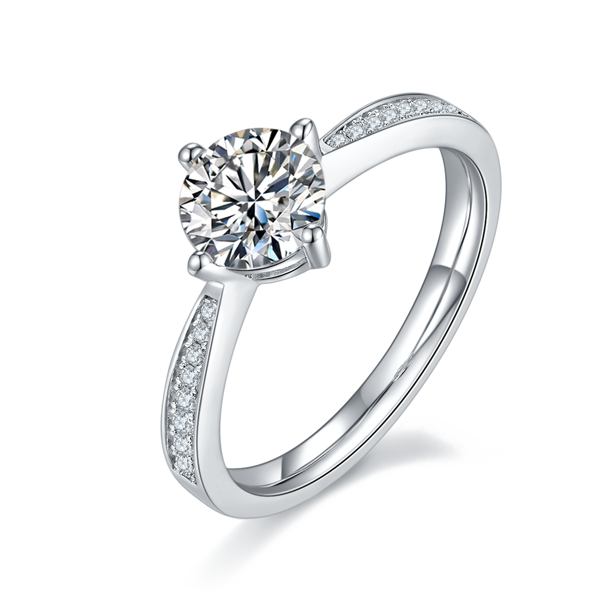 Straight Arm Micropavé Four Prong S925 Silver Plated White Gold Moissan Diamond Women's Ring 1 Carat D