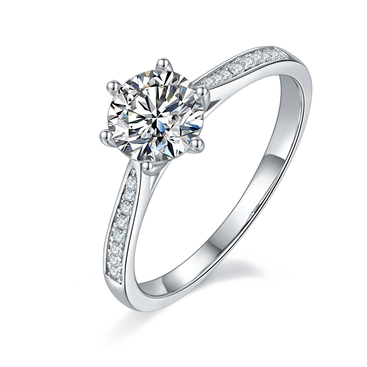 Straight Arm Microset Six Prong S925 White Gold Plated Moissanite Women's Ring 1 ct.